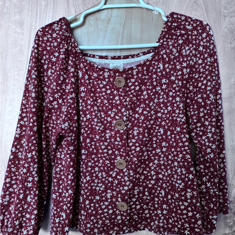 Self Esteem Maroon Floral Button-Up Blouse
